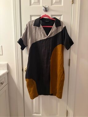 Lisa Bayne Short Sleeve Shirt Dress - Black, Mustard & Cream